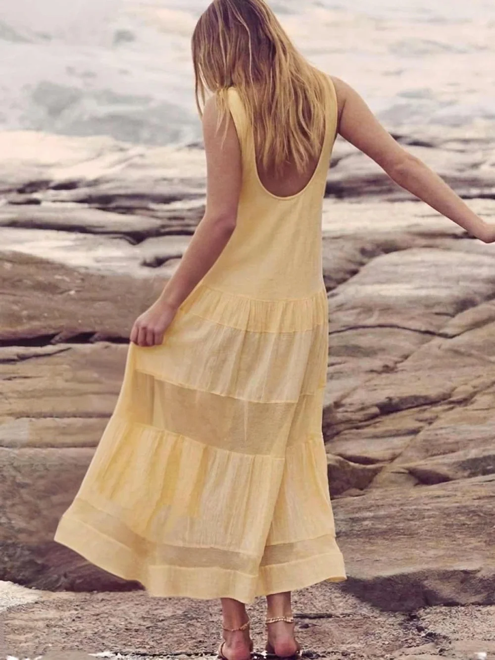 Free People Size Small Meet Me At The Sunset MIdii Soft Yellow Sleeveless - Picture 1 of 13